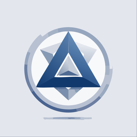 A bold, three-dimensional blue triangle emerges from a complex geometric background, symbolizing forward-thinking innovation and structural integrity.のイラスト素材