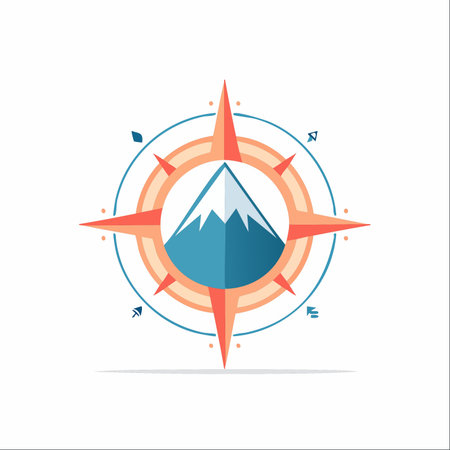 Embark on a new journey with this modern compass icon. A snow-capped mountain at its heart symbolizes the destination or goal, guiding adventurers and explorers toward their next great peak.のイラスト素材