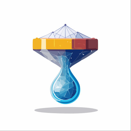 An advanced, futuristic device with a crystalline structure meticulously purifies and releases a single, precious drop of water.のイラスト素材