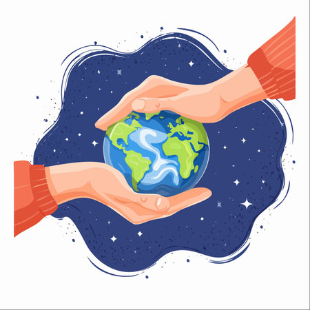 A symbolic illustration of two hands gently cradling planet Earth against a starry cosmos.のイラスト素材