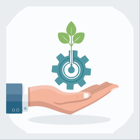 A hand holds a gear with a green plant growing from it, symbolizing the integration of industry and nature.のイラスト素材