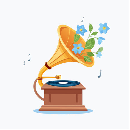 A vintage gramophone plays a beautiful melody, which blossoms into a bouquet of blue flowers emerging from its golden horn.のイラスト素材