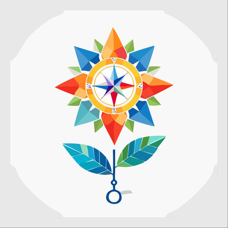 A symbolic illustration of finding one's path. A vibrant, geometric flower blooms with a compass at its heart, representing the journey of personal growth and discovery.のイラスト素材