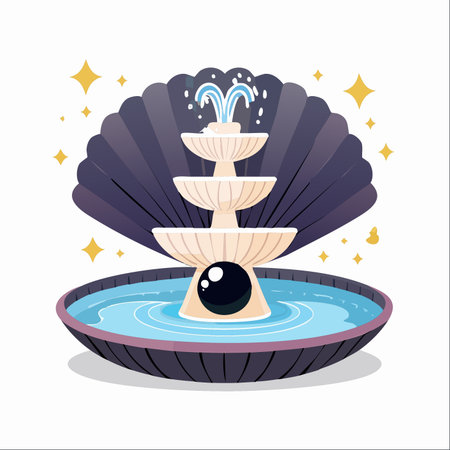 An enchanting three-tiered fountain emerges from a giant, iridescent seashell, its waters sparkling with magic.のイラスト素材