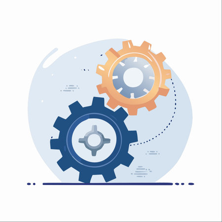 Two gears, one blue and one orange, mesh together seamlessly, symbolizing a perfectly integrated system.のイラスト素材