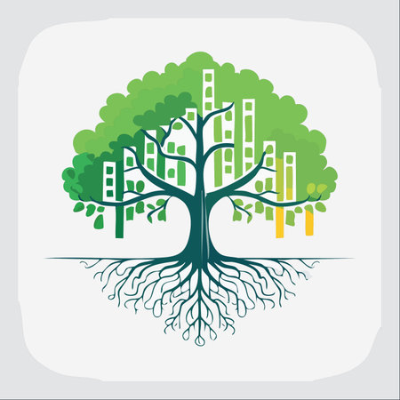 An illustration of a strong tree with deep roots, where the leafy canopy is integrated with a city skyline that forms a financial bar chart.のイラスト素材