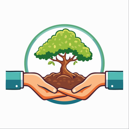 Two hands gently cup a mound of rich earth, from which a vibrant young tree sprouts.のイラスト素材