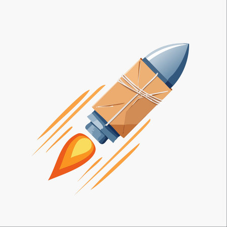 An illustration symbolizing the future of logistics, where a powerful rocket propels a parcel through the sky.のイラスト素材