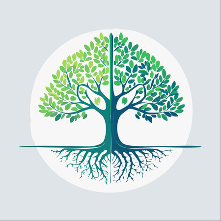 A stylized illustration of a symmetrical tree, split into two shades of green, representing balance and duality.のイラスト素材