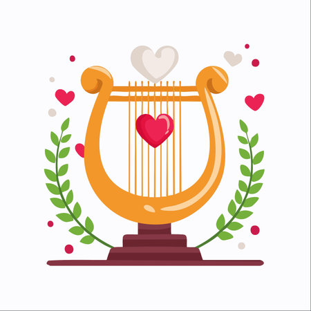 A beautiful flat vector illustration of a golden lyre, a classical symbol of music and poetry.のイラスト素材