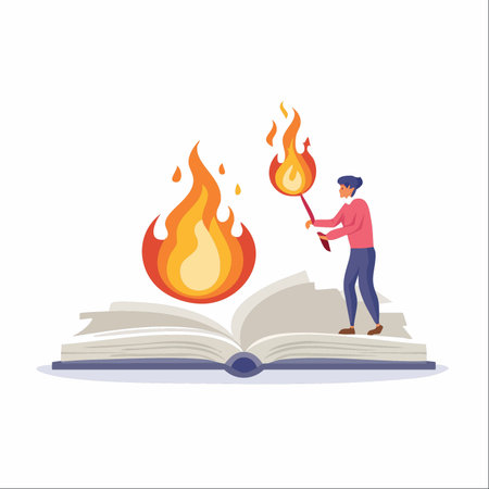 A symbolic vector illustration depicting the power of knowledge and education. A person stands on a giant open book, lighting a torch from a magical flame that emerges from its pages.のイラスト素材