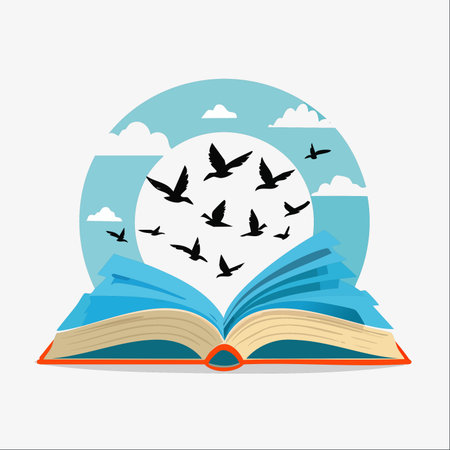 A flock of bird silhouettes soars out from the pages of an open book, symbolizing how knowledge, stories, and education can unleash creativity and imagination.のイラスト素材
