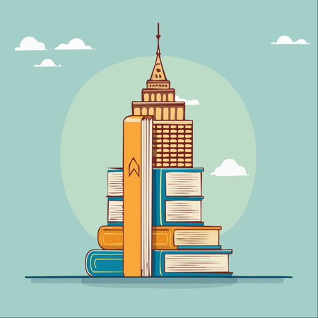 A whimsical illustration depicting a towering skyscraper constructed from a stack of books.のイラスト素材