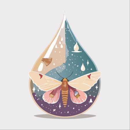 A delicate moth is captured within a magical teardrop, a vessel holding both the warmth of day and the sparkling mystery of night.のイラスト素材