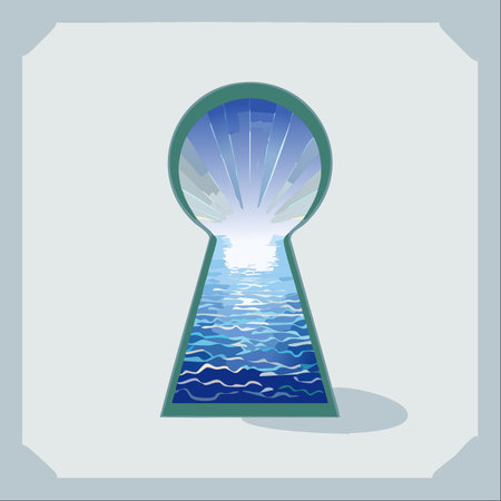 A conceptual illustration peeking through a keyhole to reveal a vast, sunlit ocean.のイラスト素材