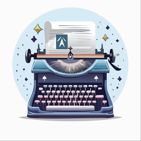 A vintage typewriter, surrounded by a magical aura of sparkles, holds a freshly typed page.のイラスト素材