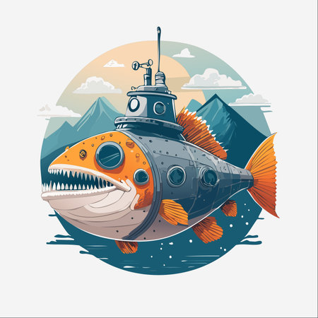 A fantastical invention, this mechanical fish submarine surfaces in a remote mountain lake.のイラスト素材