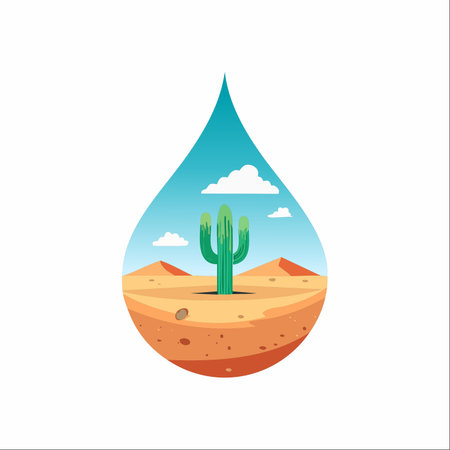 A single, precious drop of water encapsulates an entire desert ecosystem, featuring a resilient cactus under a clear blue sky.のイラスト素材