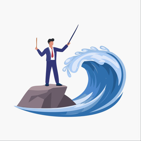 A confident businessman in a suit stands on a rock, conducting a massive ocean wave.のイラスト素材