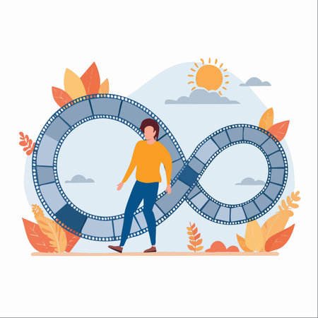 A creative individual walks along an endless path shaped by a film strip, symbolizing the infinite journey of storytelling, filmmaking, and content creation.のイラスト素材
