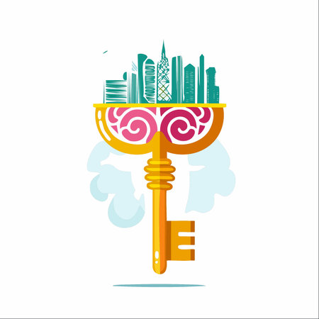 An ornate golden key holds the promise of a bustling city, symbolizing the unlocking of potential in real estate, business, and urban development.のイラスト素材