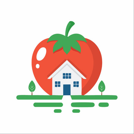 A charming white farmhouse stands proudly in front of a giant, ripe tomato, symbolizing a commitment to fresh, homegrown food and a healthy, organic lifestyle.のイラスト素材