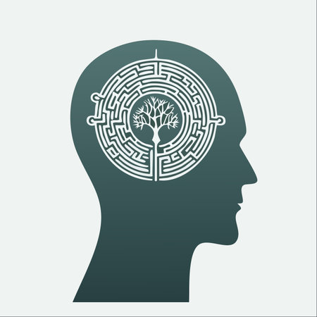 A symbolic illustration depicting the complex journey of self-discovery. A silhouette of a human head contains a circular labyrinth, representing the intricate pathways of the mind.のイラスト素材