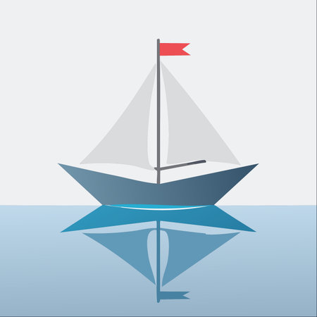 A simple sailboat glides across a perfectly calm sea, its reflection mirroring the journey. This minimalist illustration evokes a sense of peace, tranquility, and solitary adventure on the open water.のイラスト素材