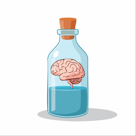 A human brain is carefully preserved in a clear glass bottle, floating in a blue preservative fluid.のイラスト素材