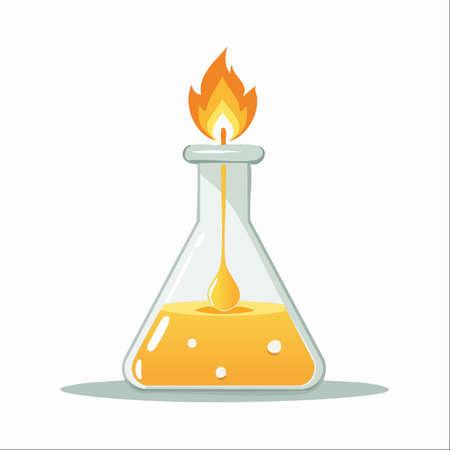 A drop of potent yellow liquid falls into a bubbling solution within a glass flask, fueling a bright flame.のイラスト素材