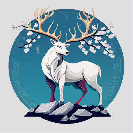 A majestic white stag, a creature of myth and legend, stands proudly on a rocky outcrop.のイラスト素材
