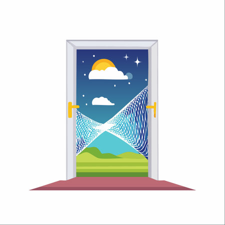 An open door reveals a surreal portal where day and night converge.のイラスト素材