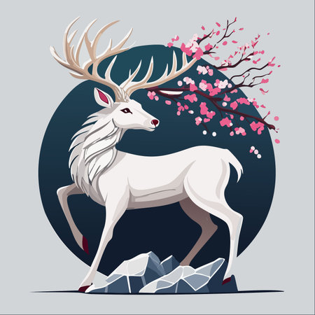 A majestic white stag, a sacred spirit of the forest, stands gracefully on crystalline rocks.のイラスト素材
