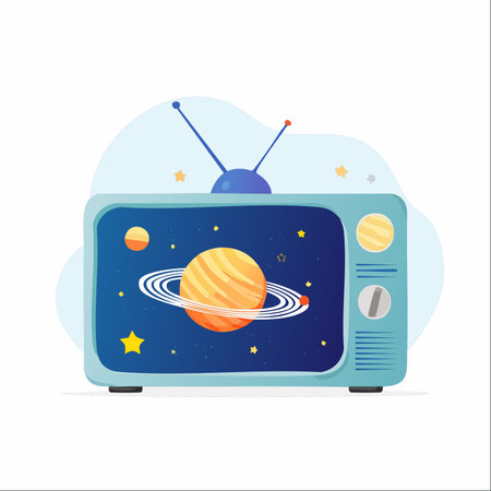 An old-fashioned television set sparks the imagination, broadcasting a vibrant cosmic scene of planets and stars.のイラスト素材