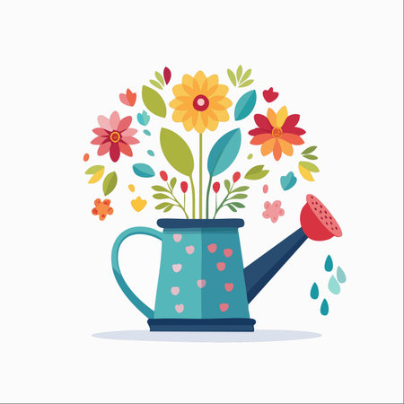 A charming blue watering can, adorned with little hearts, overflows with a cheerful bouquet of colorful spring flowers.のイラスト素材