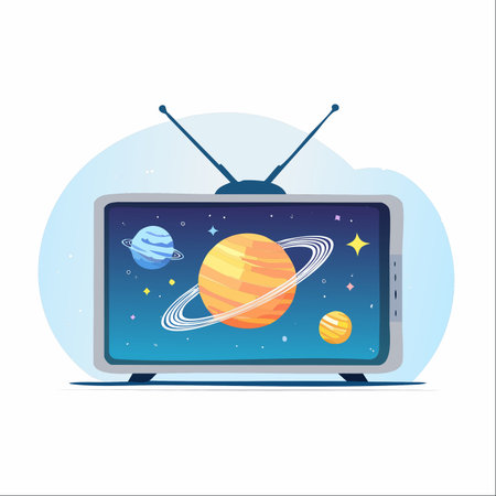 A classic television acts as a portal to another world. On its screen, a vibrant solar system comes to life, inviting viewers on a journey of imagination and discovery.のイラスト素材
