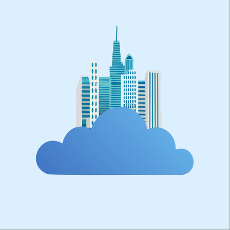 A modern metropolis rises from a large, soft cloud, symbolizing the integration of urban life with advanced cloud computing technology.のイラスト素材