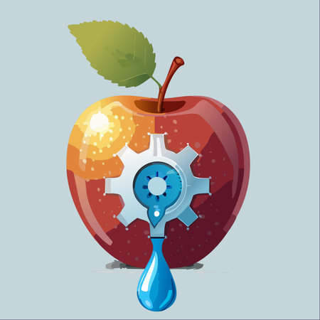 A powerful visual metaphor showing a red apple integrated with a mechanical gear.のイラスト素材