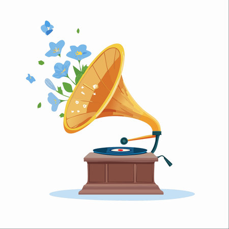 A vintage gramophone plays a timeless melody, transforming sound into a beautiful bouquet of blue spring flowers that flow gracefully from its golden horn.のイラスト素材