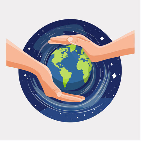 A symbolic illustration showing two gentle hands carefully cradling Planet Earth.のイラスト素材
