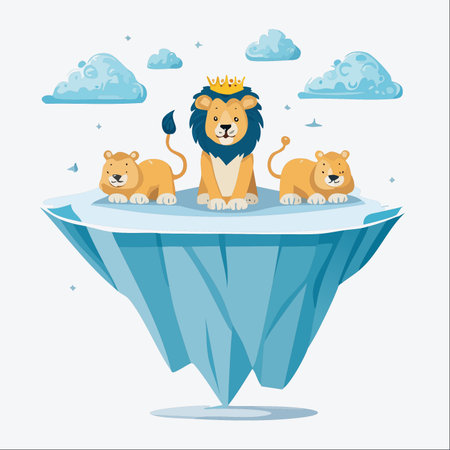 A majestic lion king, adorned with his crown, sits proudly with his two cubs on a magical floating island in the sky.のイラスト素材