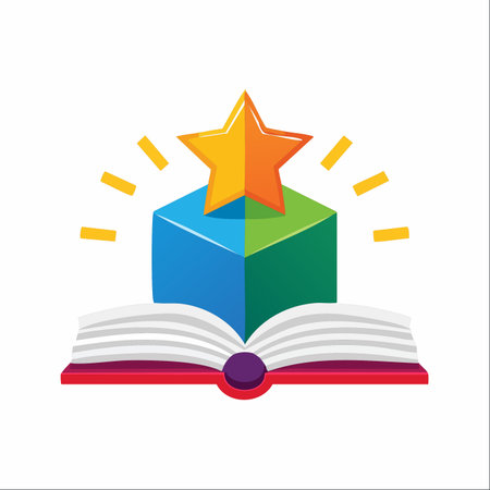 A vibrant icon representing the pinnacle of learning. A shining gold star sits atop a colorful building block, emerging from an open book.のイラスト素材