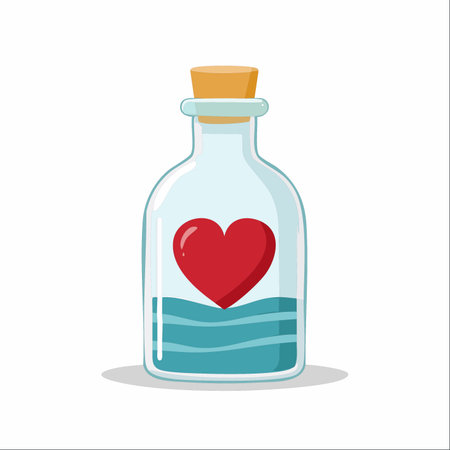 A single red heart is carefully preserved, floating gently on a mysterious blue liquid inside a corked glass bottle.のイラスト素材