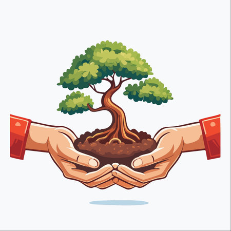 A symbolic illustration of environmental stewardship and care. Two hands gently cradle a young tree with its roots in rich soil, representing growth, sustainability, and hope for a greener future.のイラスト素材