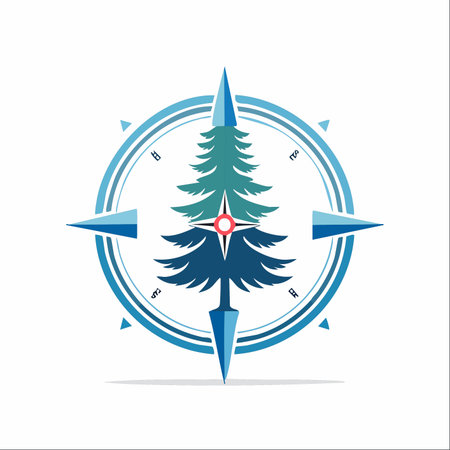 A modern and clean logo design featuring a pine tree integrated into a compass rose.のイラスト素材