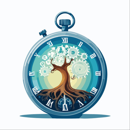 A surreal illustration depicting the intricate relationship between time, life, and technology.のイラスト素材