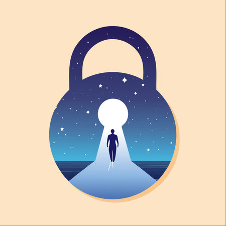 A silhouette of a person stands at the threshold of a new reality, walking through a glowing keyhole set against a cosmic nightscape.のイラスト素材