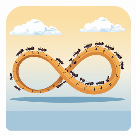 A colony of determined ants marches in unison along a floating infinity loop, symbolizing an endless journey of teamwork, persistence, and collaboration.のイラスト素材