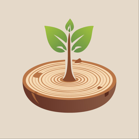 A single, vibrant sapling emerges from a base of serene, concentric wooden rings.のイラスト素材