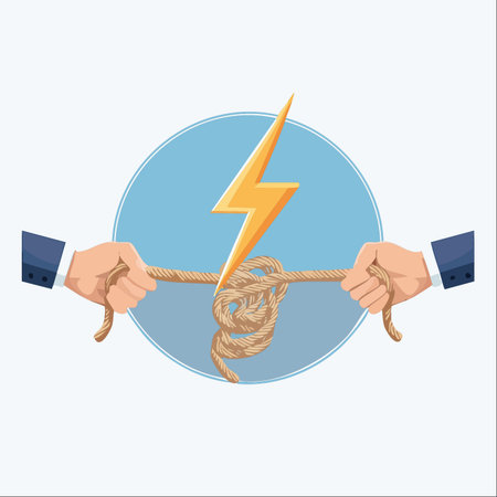 An illustration depicting a business standoff. Two opposing forces are locked in a tug of war with a tangled knot at the center, symbolizing a complex problem.のイラスト素材